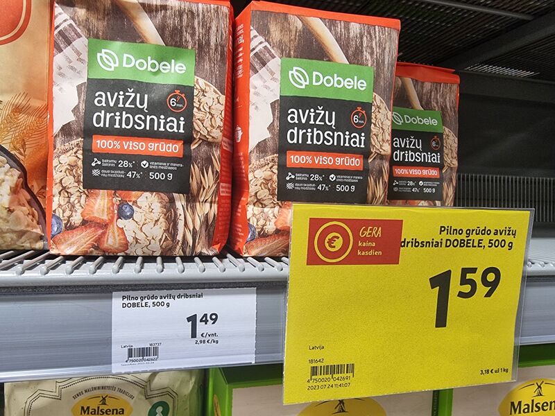 Vaizdas:Parduotuve nuolaidos akcija akcijines prekes avizu dribsniai dobele pilno grudo.jpg