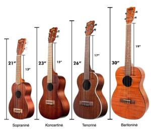 Ukuleles soprano koncertine tenorine baritonine dydziai.png